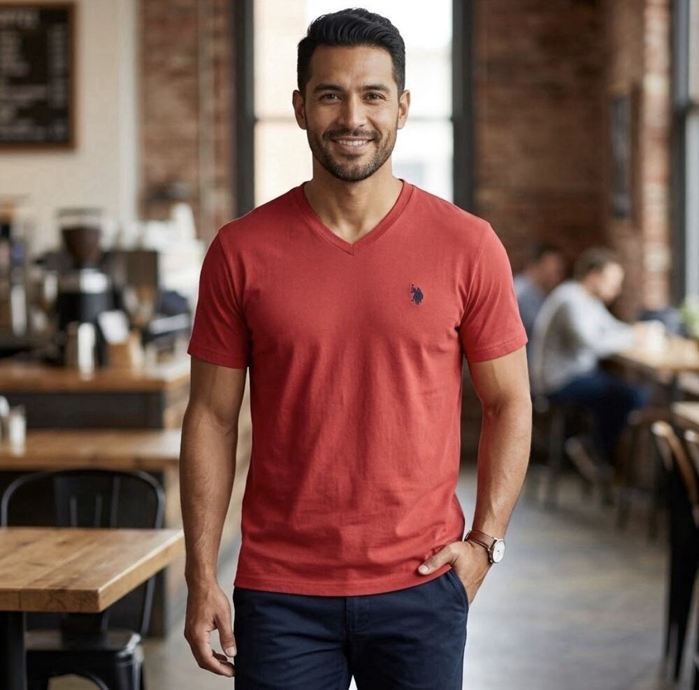 US Polo Assn V-Neck T-Shirt Red Mens XS Embroidered Logo Cotton Small Horse